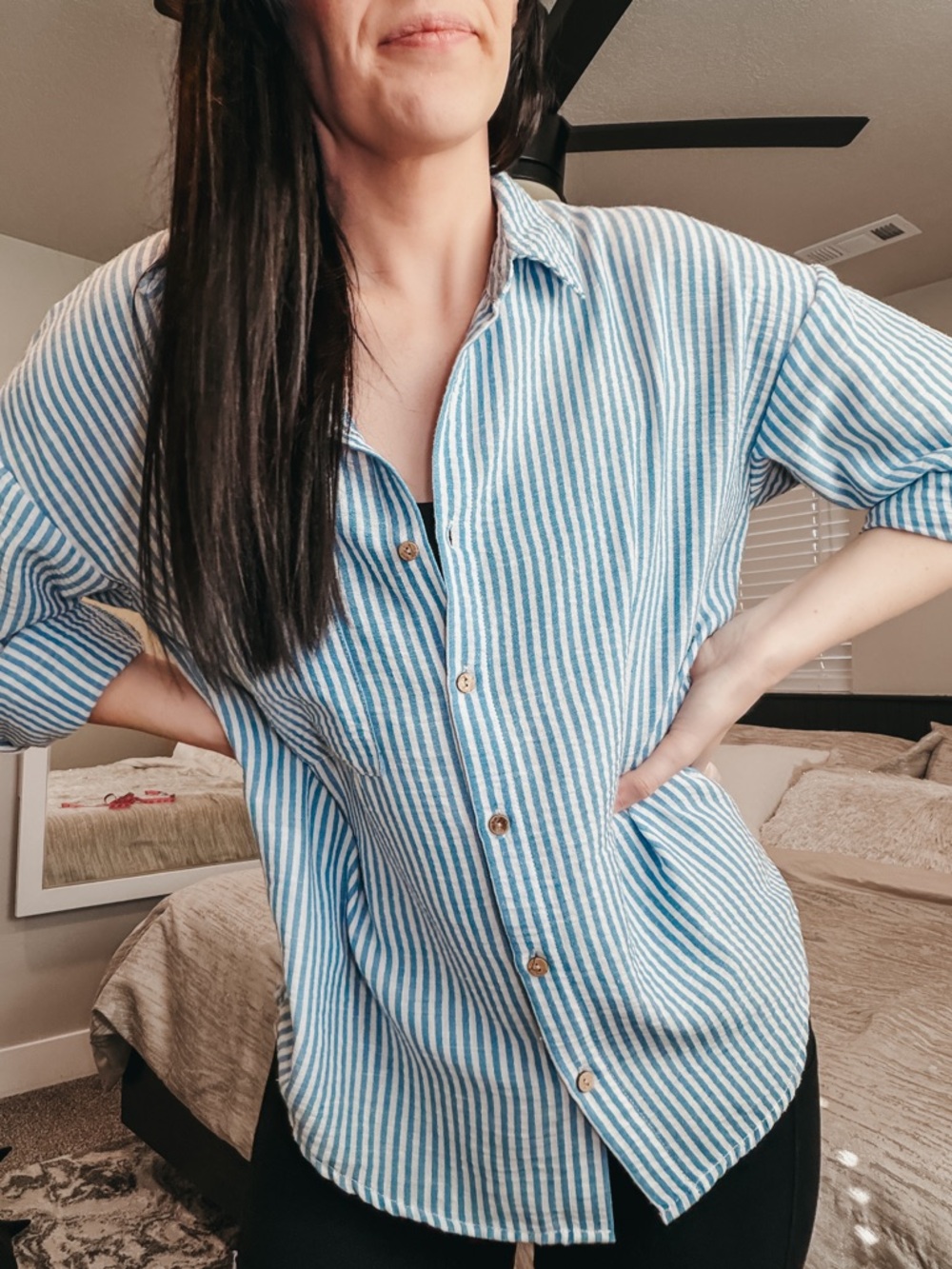 Cisono LA Striped Button Up Shirt Size M Blue White Coastal Oversized